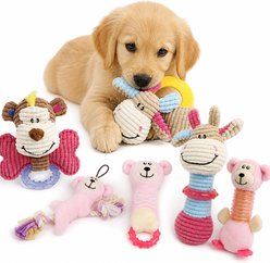 Pet Life 6-Piece Girl Puppy Starter Kit Plush Rope Teething & Crinkle Dog Toy Set, Pink slide 1 of 4