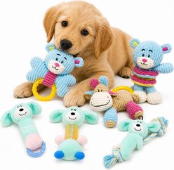 Pet Life 6-Piece Boy Puppy Starter Kit Plush Rope Teething & Crinkle Dog Toy Set, Blue