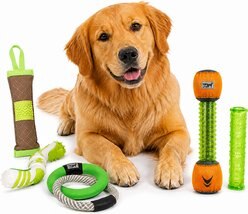 Pet Life 5-Piece Rugged Nylon & Rubber Plush Squeak Tug & Fetch Dog Toy Set, Green/Orange