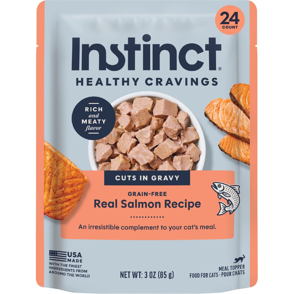 Instinct Healthy Cravings Real Salmon Recipe in Savory Gravy Grain-Free Wet Cat Food Topper, 3-oz pouch, case of 24