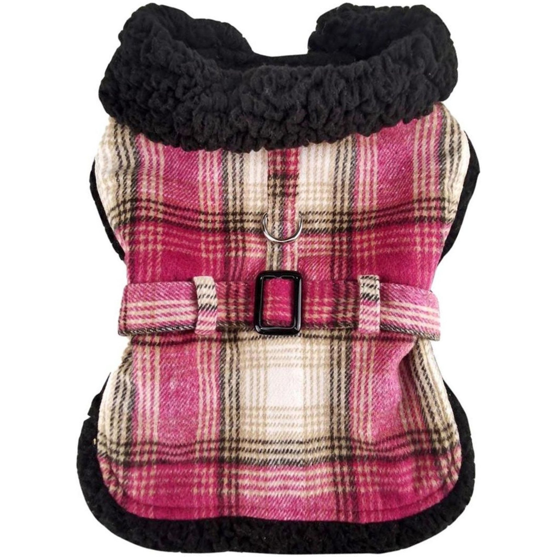 Doggie Design Sherpa-Lined Harness Dog Coat, Hot Pink/Tan Plaid, XX-Large