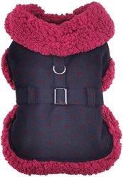Doggie Design Sherpa-Lined Harness Dog Coat, Black/Burgundy Dots, Large