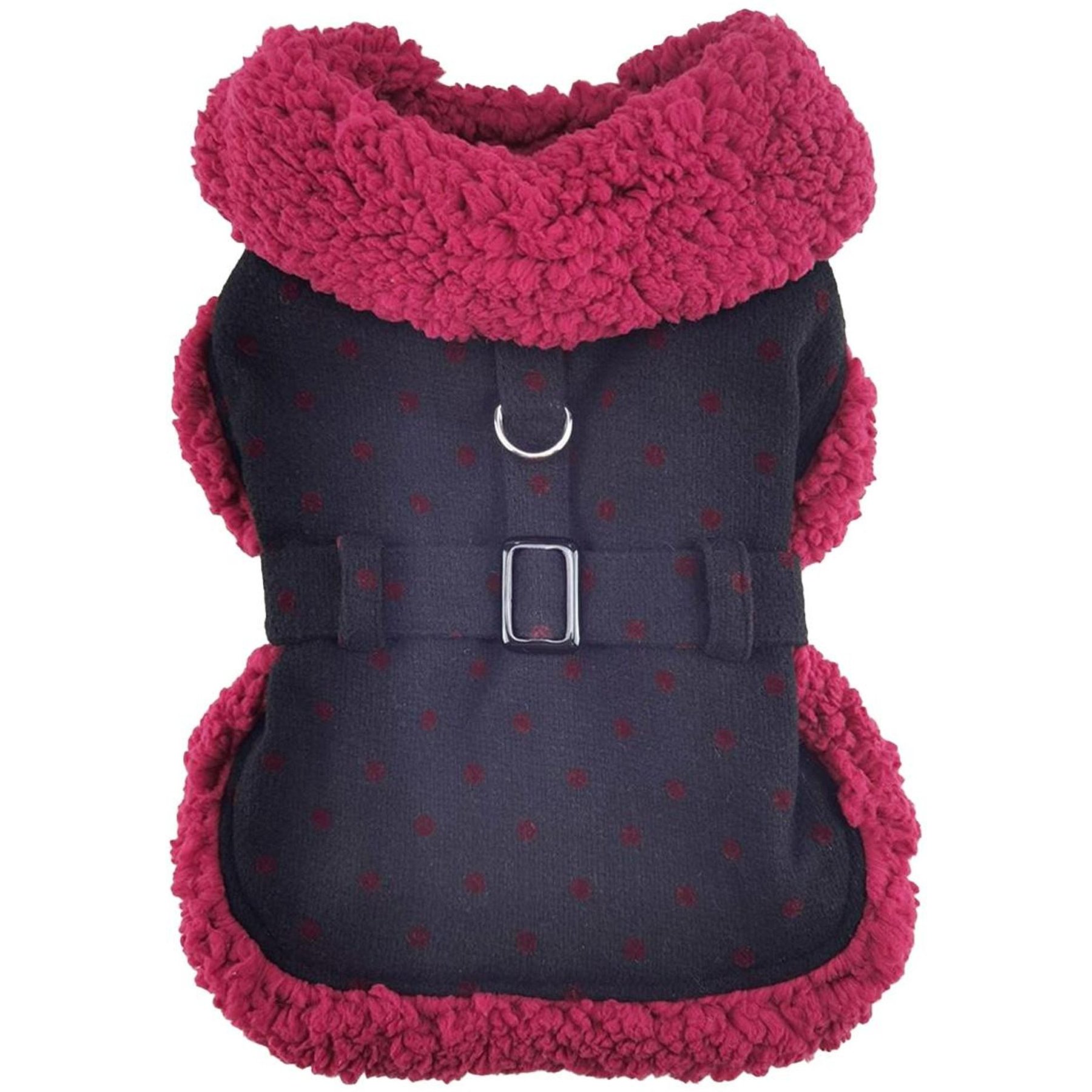 Doggie Design Sherpa-Lined Harness Dog Coat, Black/Burgundy Dots, X-Small