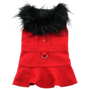 Doggie Design Wool Fur-Trimmed Harness Solid Dog Coat, Red, X-Small