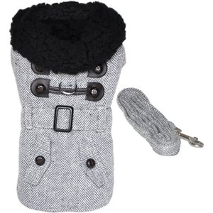 Doggie Design Herringbone Designer Geometric Dog Harness Coat with Leash, Grey, Small
