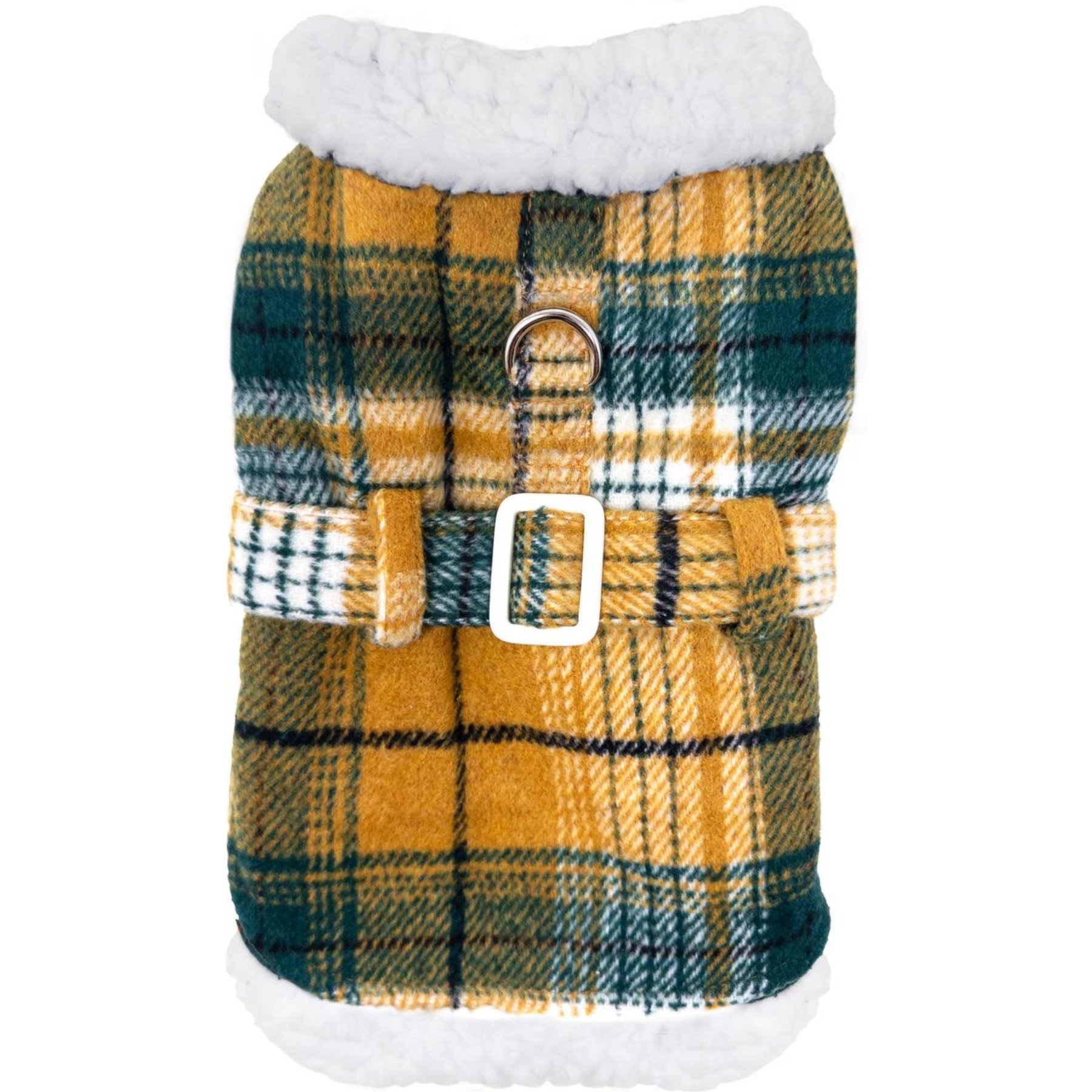 Doggie Design Sherpa-Lined Harness Dog Coat, Yellow Plaid, Medium
