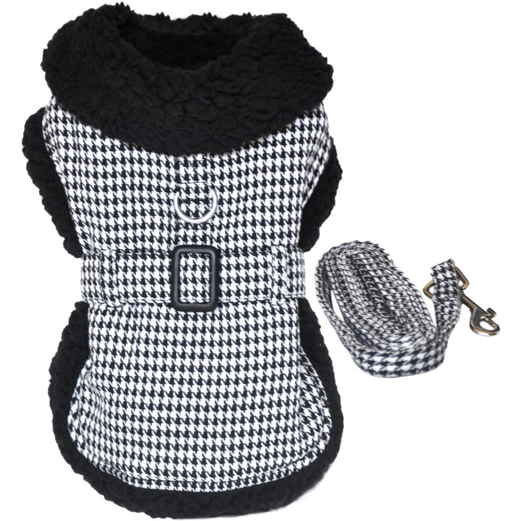 Doggie Design Classic Houndstooth Geometric Dog Harness Coat with Leash, Black/White, Medium