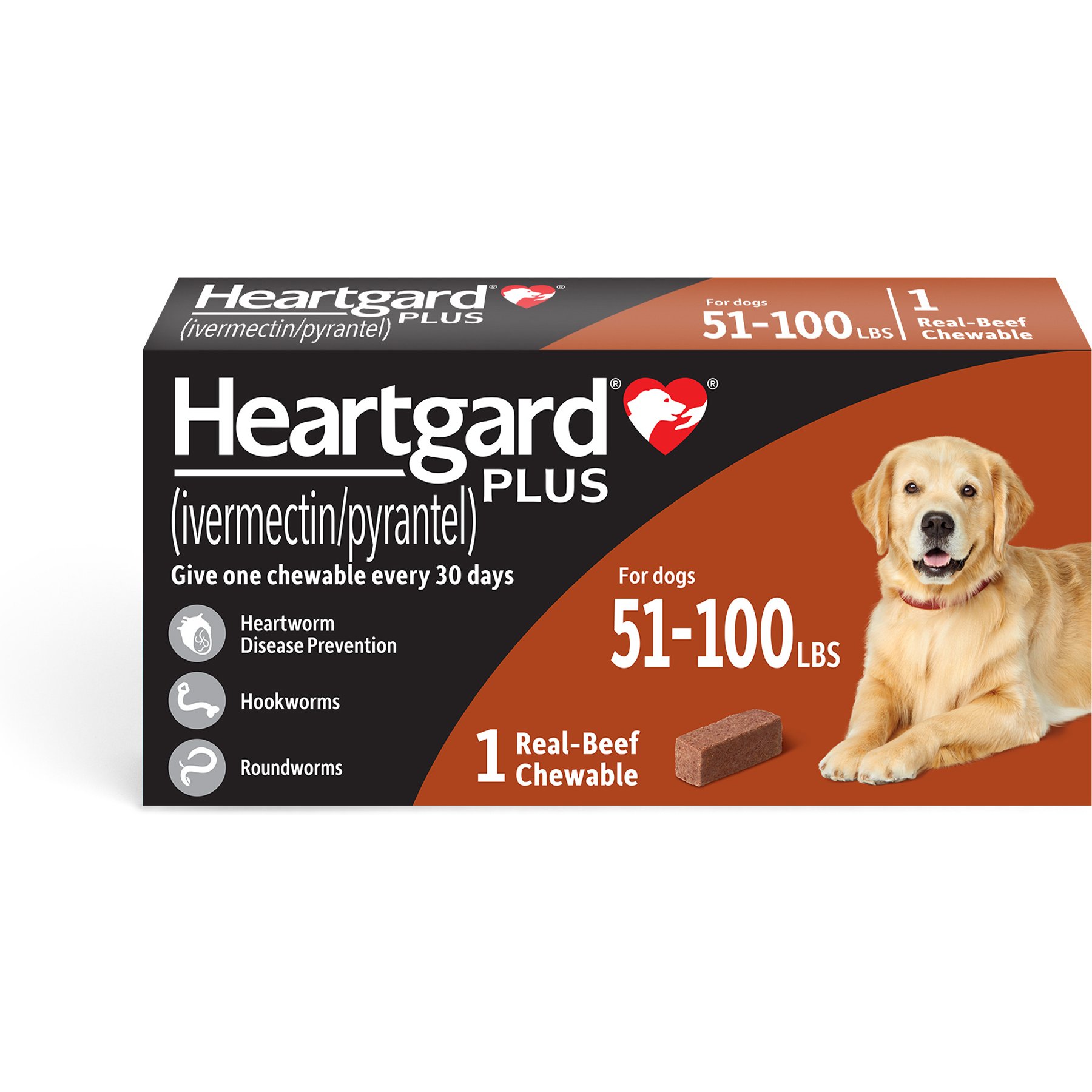 Heartgard Plus Chew for Dogs, 51-100 lbs, (Brown Box), 3 Chews (3-mos. supply)