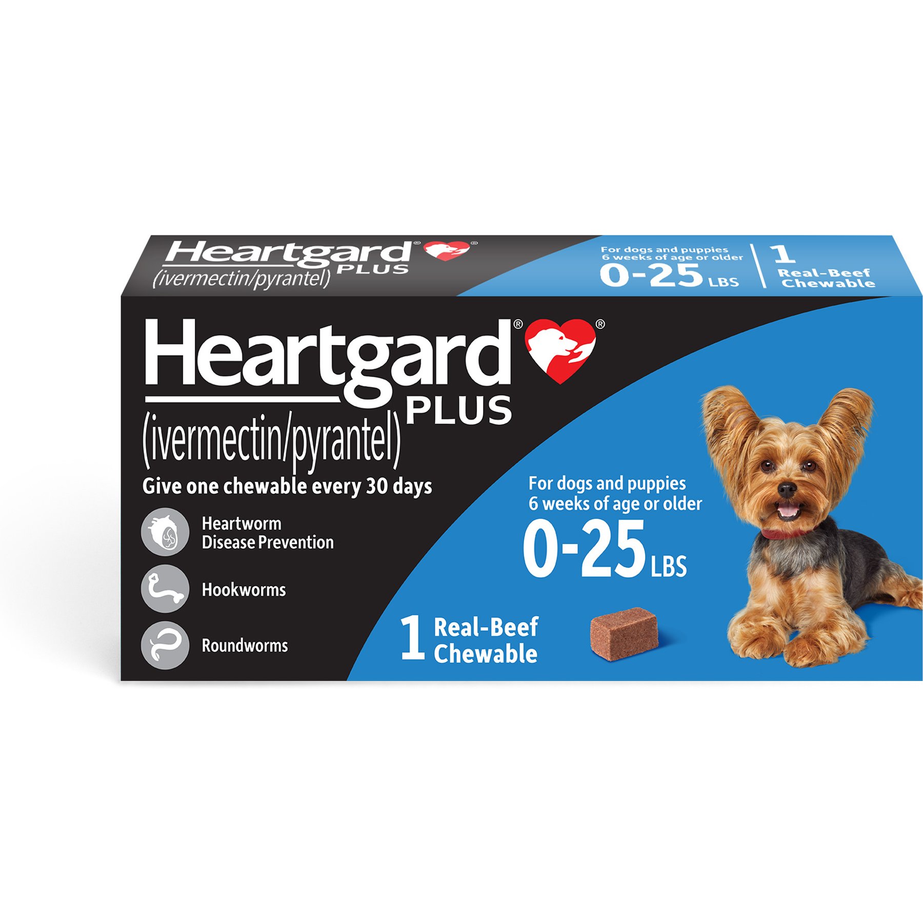 Heartgard Plus Chew for Dogs, up to 25 lbs, (Blue Box), 1 Chew (1-mo. supply)