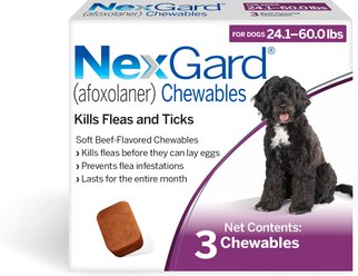 NexGard Chewables for Dogs, 24.1-60 lbs, (Purple Box), 3 Chewable Tablets (3-mos. supply)
