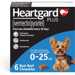 Heartgard Plus Chew for Dogs, up to 25 lbs, (Blue Box), 6 Chews (6-mos. supply)