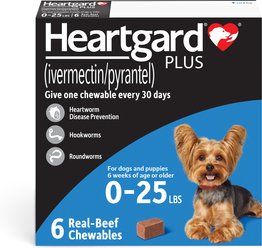 Heartgard Plus Chew for Dogs, up to 25 lbs, (Blue Box), 6 Chews (6-mos. supply)