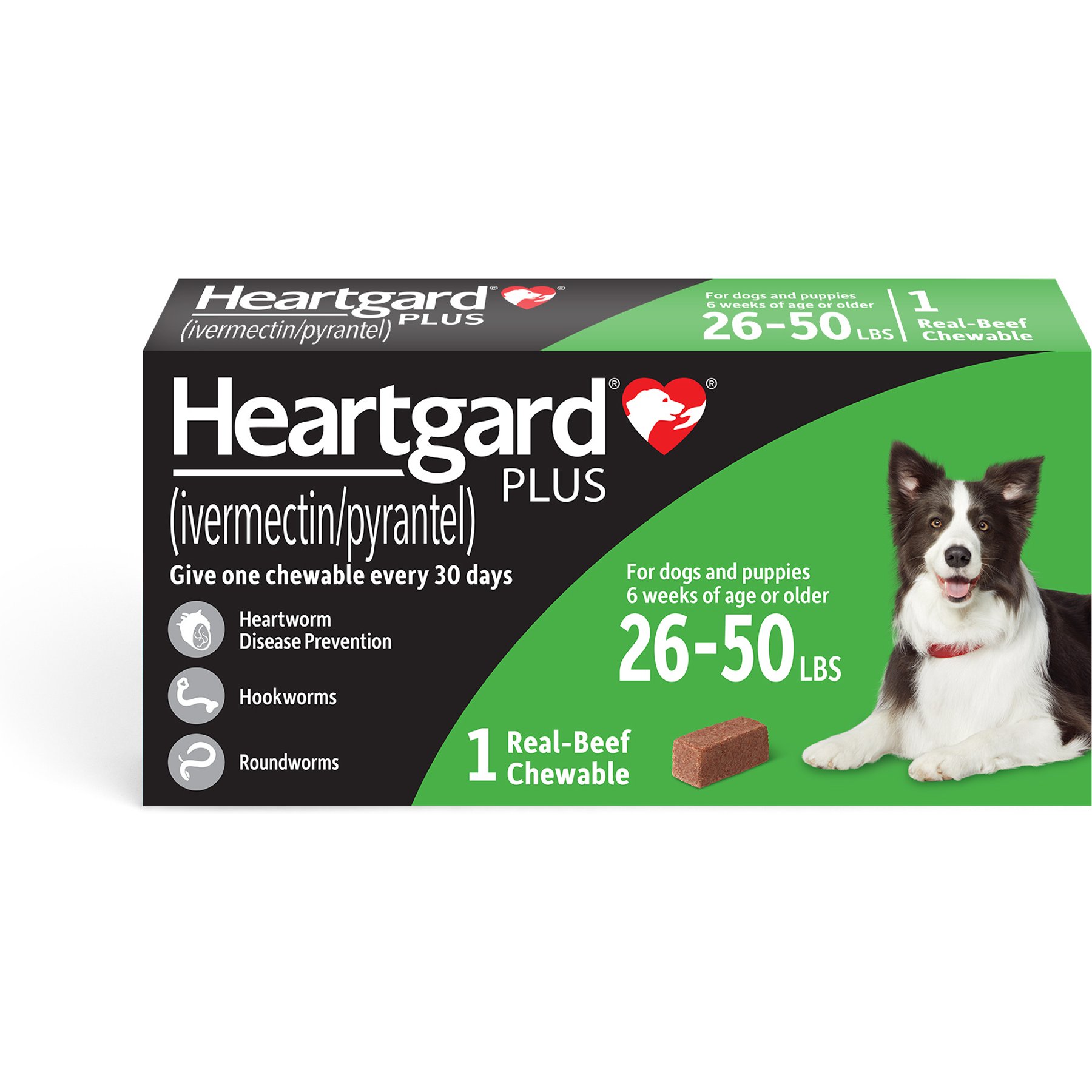 Heartgard Plus Chew for Dogs, 26-50 lbs, (Green Box), 1 Chew (1-mo. supply)