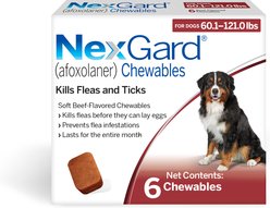NexGard Chewables for Dogs, 60.1-121 lbs, (Red Box), 6 Chewable Tablets (6-mos. supply)
