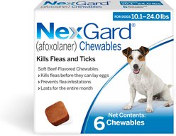 NexGard Chewables for Dogs, 10.1-24 lbs, (Blue Box), 6 Chewable Tablets (6-mos. supply)