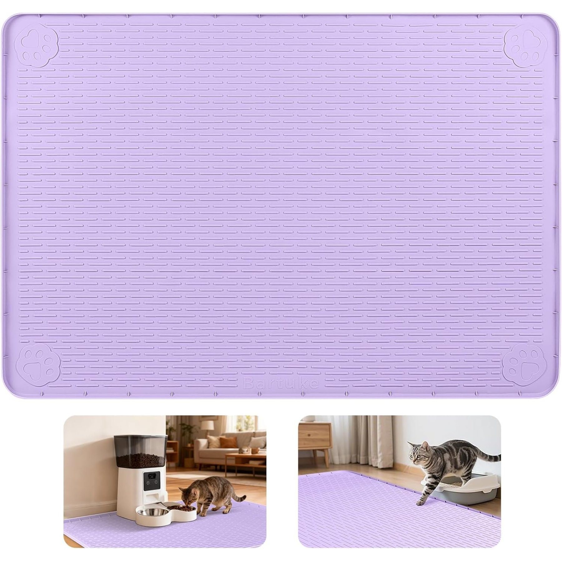 Bartuke Silicone Cat Food & Water Bowl Placemat with Raised Edges, Purple, X-Large: 34 x 22-in