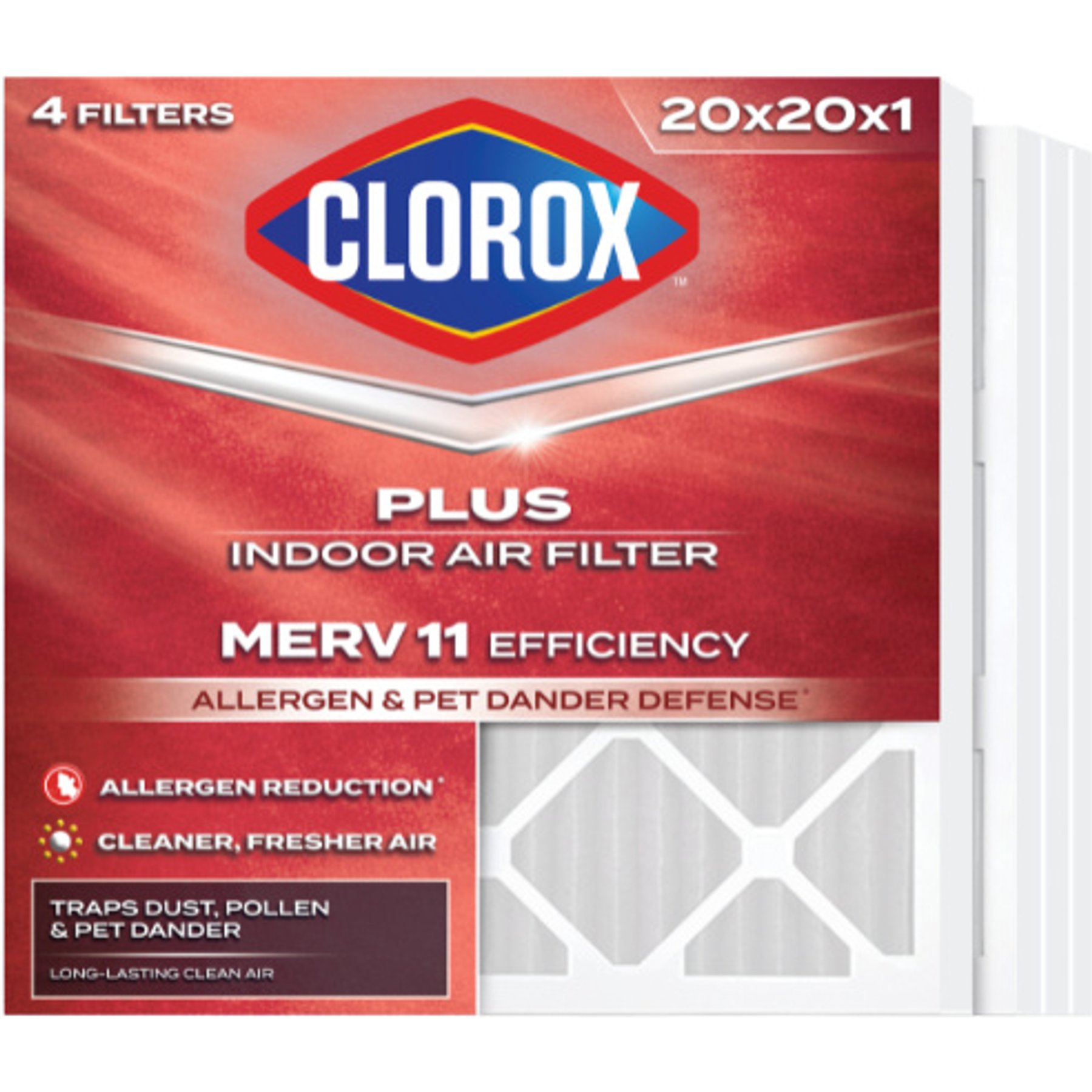 Clorox Air Filters MPR1000 & FPR 7 MERV 11 Pleated HVAC AC Furnace Air Filters, 20 x 20 x 1-in, 4 count
