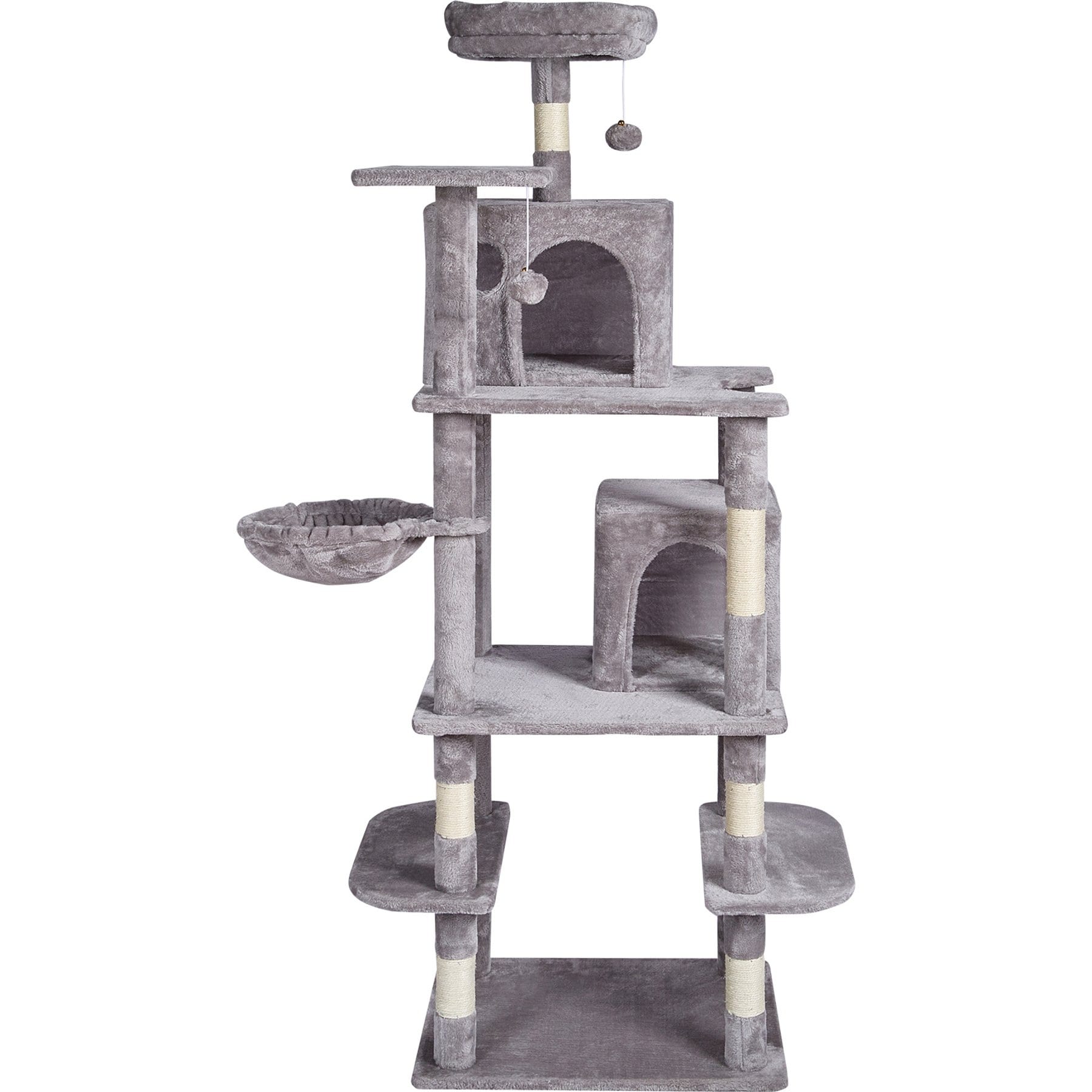 AOSTIRMOTOR 2-Condo Sisal Scratching Post & Hammock 68.5-in Plush Hanging Toy Cat Tree, Light Gray
