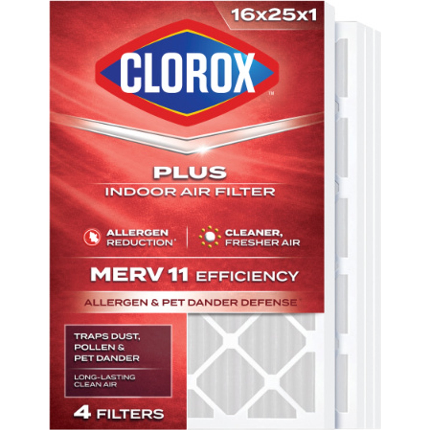 Clorox Air Filters MPR1000 & FPR 7 MERV 11 Pleated HVAC AC Furnace Air Filters, 16 x 25 x 1-in, 4 count