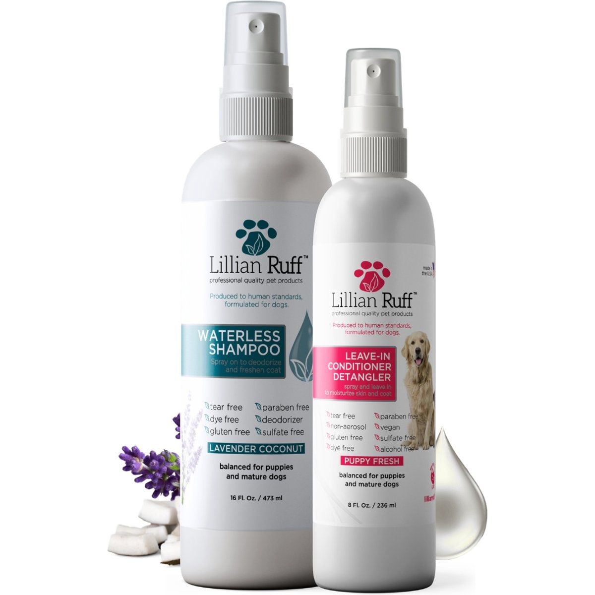 Lillian Ruff Waterless Dog & Cat Shampoo & Leave in Conditioner Set, 1 16-fl oz bottle & 1 8-fl oz bottle