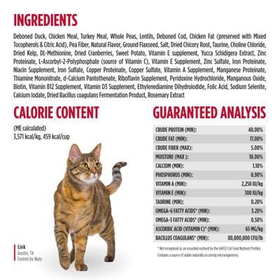 Show full view: Nulo FreeStyle Indoor Duck & Cod Recipe with Omega Fatty Acids High Protein & Grain-Free Dry Cat Food, 14-lb bag slide 9 of 12