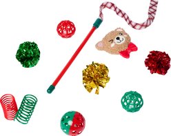 Frisco Christmas Bear Plush, Teaser Wand, Springs & Balls Variety Pack Cat Toy with Silvervine & Catnip, 10 count