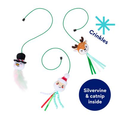 Show full view: Frisco Christmas Reindeer, Santa & Snowman Interchangeable Teaser Wand Cat Toy with Silvervine & Catnip, 3 count slide 3 of 6