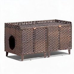 LALFPET Double Rattan & Ventilated Room Cat Litter Box Enclosure with Mat & 2 S-Hooks, Brown