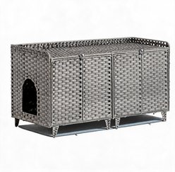LALFPET Double Rattan & Ventilated Room Cat Litter Box Enclosure with Mat & 2 S-Hooks, Grey