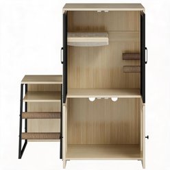 LALFPET Modern Hidden Storage Metal Mesh Door Ladder Hammock Platform Double Cat Litter Box Enclosure, Natural