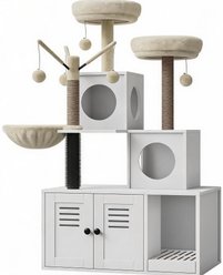 LALFPET Modern Tower Condo, Hammock Soft Perch Cat Litter Box Enclosure, 59-in, White