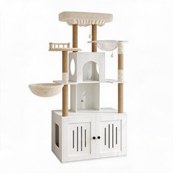 LALFPET Multi-Level Tree Tower Hammock & Perch Hidden Cat Litter Box Enclosure with Sisal Post, White slide 1 of 7