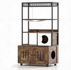 LALFPET Multi-Functional Cabinet, House & Hammock Toy Ball Anti-Tip Cat Litter Box Enclosure, Brown