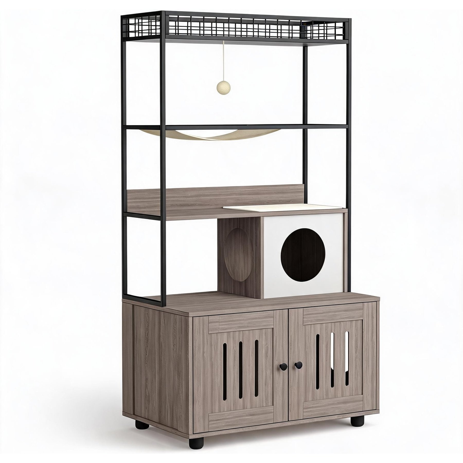 LALFPET Multi-Functional Cabinet, House & Hammock Toy Ball Anti-Tip Cat Litter Box Enclosure, Grey