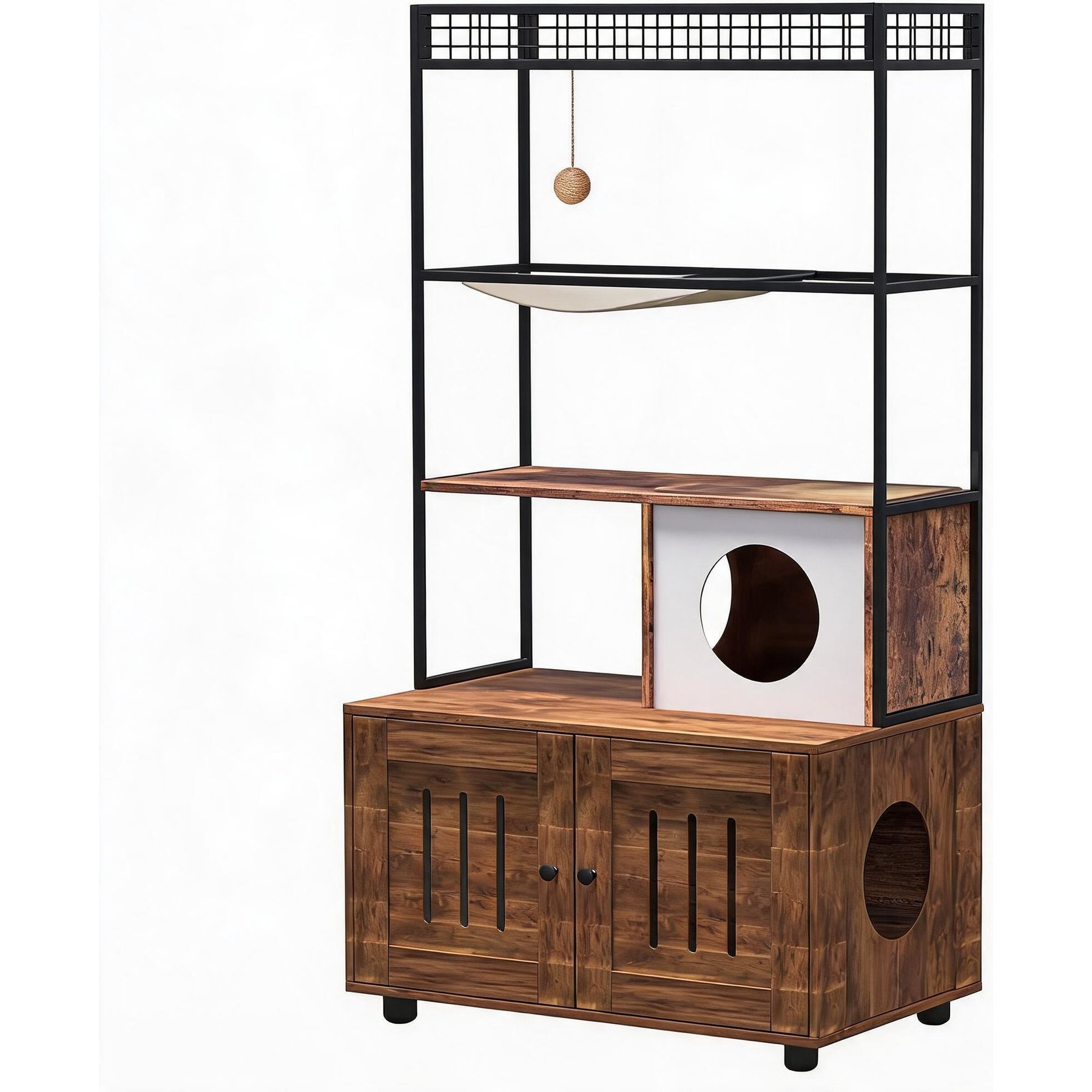 LALFPET Hidden Cabinet Indoor House Multi Cat Litter Box Enclosure with Storage Shelf & Scratching Post, Brown, 60-in