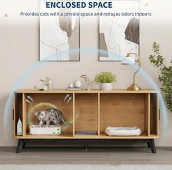 LALFPET Double-Room MDF Cabinet, Sliding Door & Ventilated Hidden Cat Litter Box Enclosure, 59.8-in, Natural slide 2 of 9