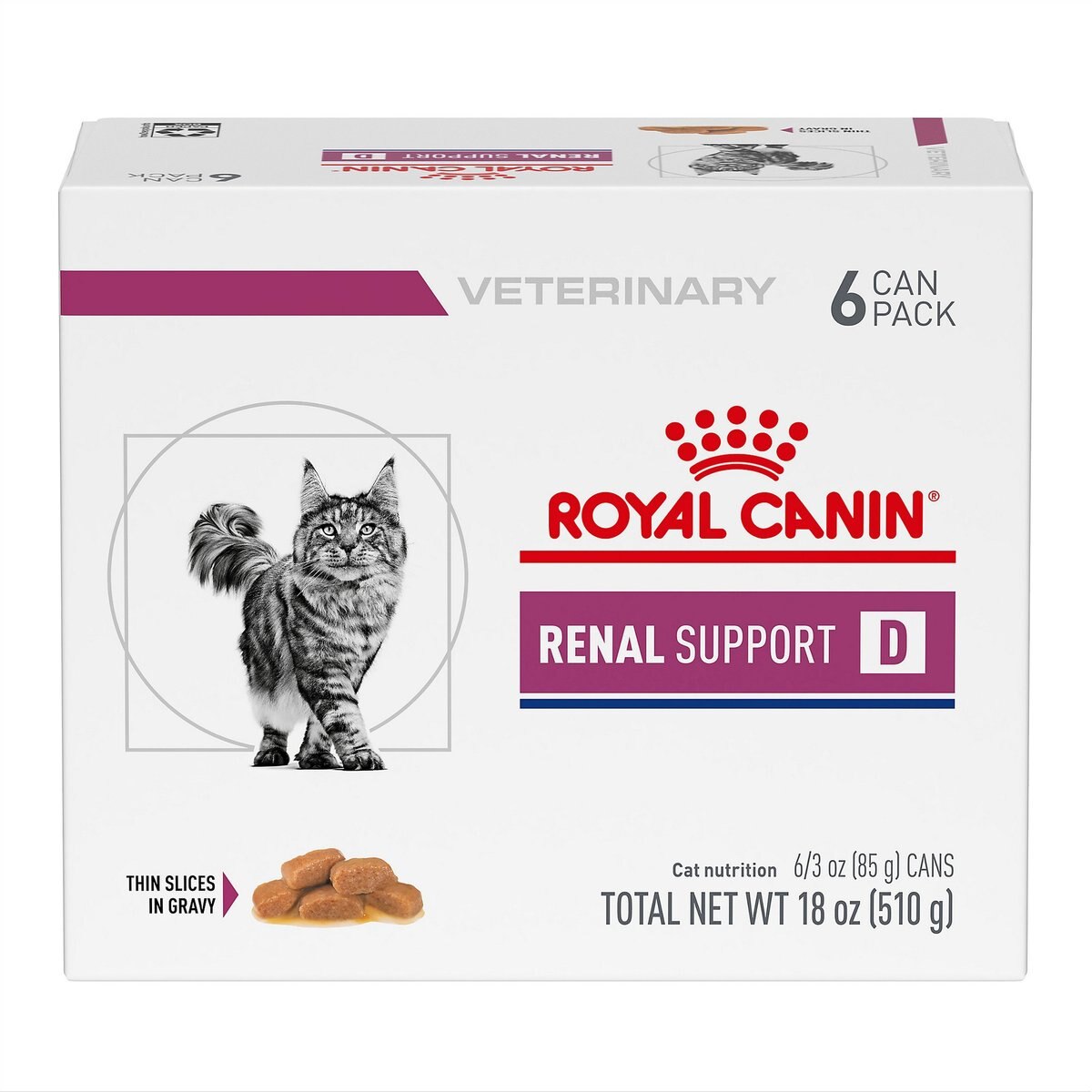 Royal Canin Veterinary Diet Adult Renal Support D Thin Slices in Gravy Wet Cat Food, 3-oz can, case of 6