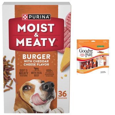 Show full view: Moist & Meaty Burger with Cheddar Cheese Flavor Dry Food + Good 'n' Fun Triple Flavor Kabobs Chicken, Duck & Chicken Liver Dog Chews slide 1 of 10