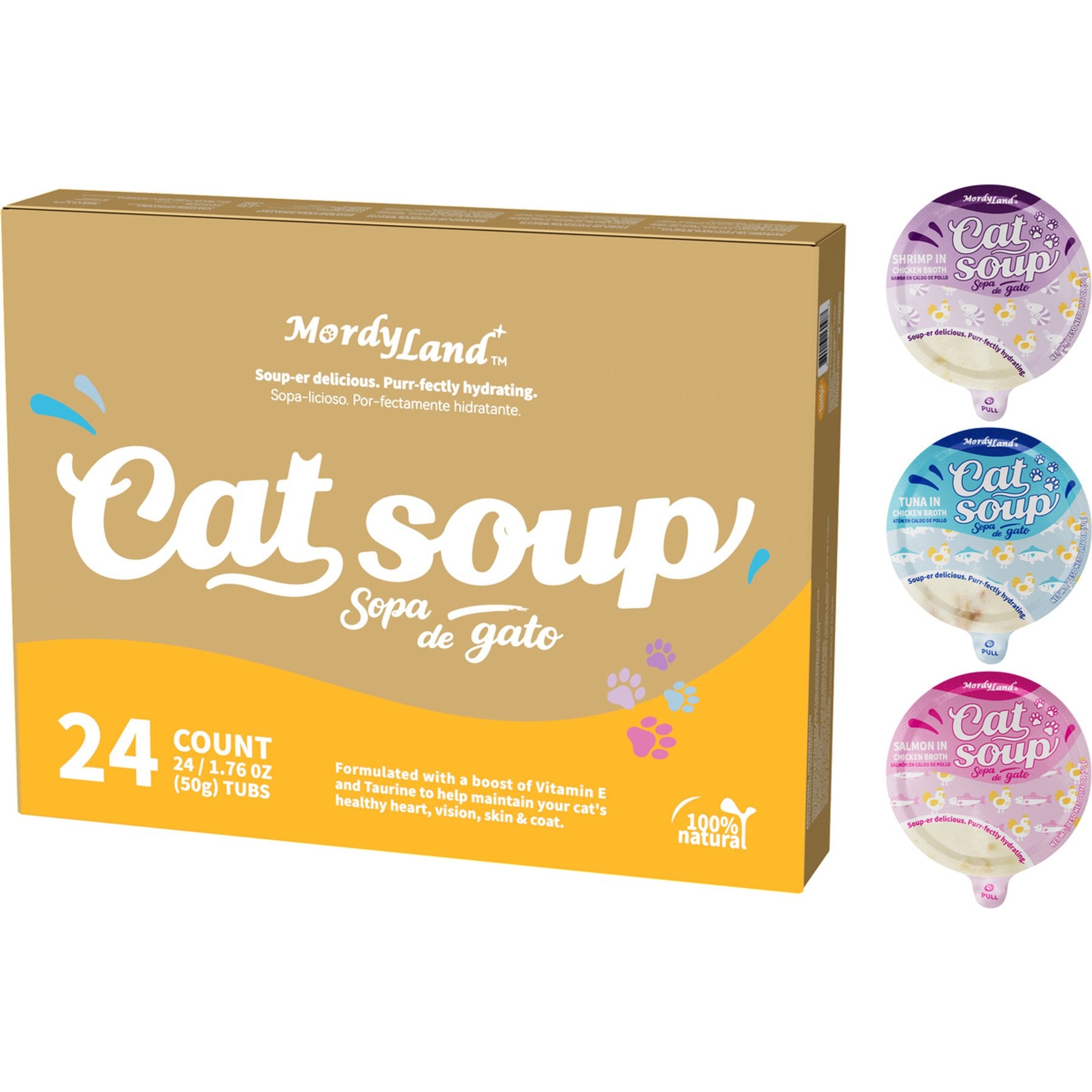 MordyLand Variety Pack Adult Grain-Free Chicken & Seafood Soup & Broth Wet Cat Food Topper, 1.76-oz cup, case of 24