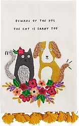 Mud Pie Funny Beware Embroidered Dog Tea Towel, Cream