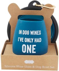 Mud Pie Wine Glass & Collapsible Silicone Dog Bowl Set, Blue