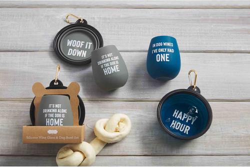 Show full view: Mud Pie Wine Glass & Collapsible Silicone Dog Bowl Set, Gray slide 2 of 2