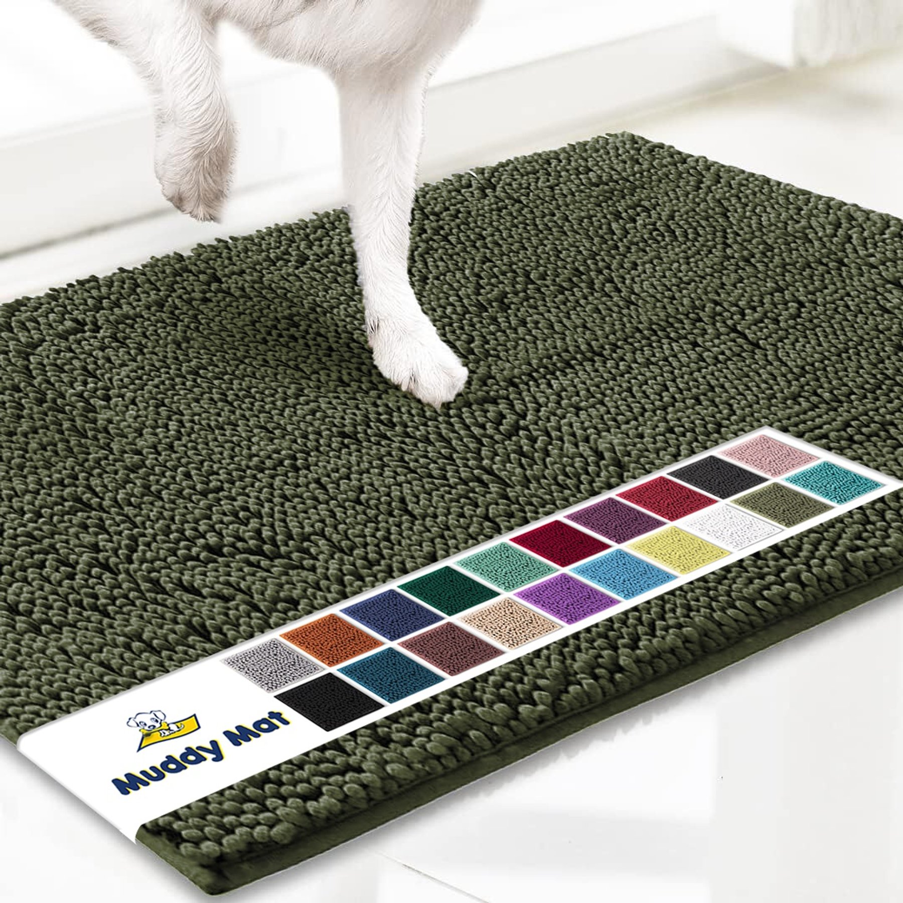 Muddy Mat Highly Absorbent Chenille Dog Door Mat Army Green, 24 x 60-in