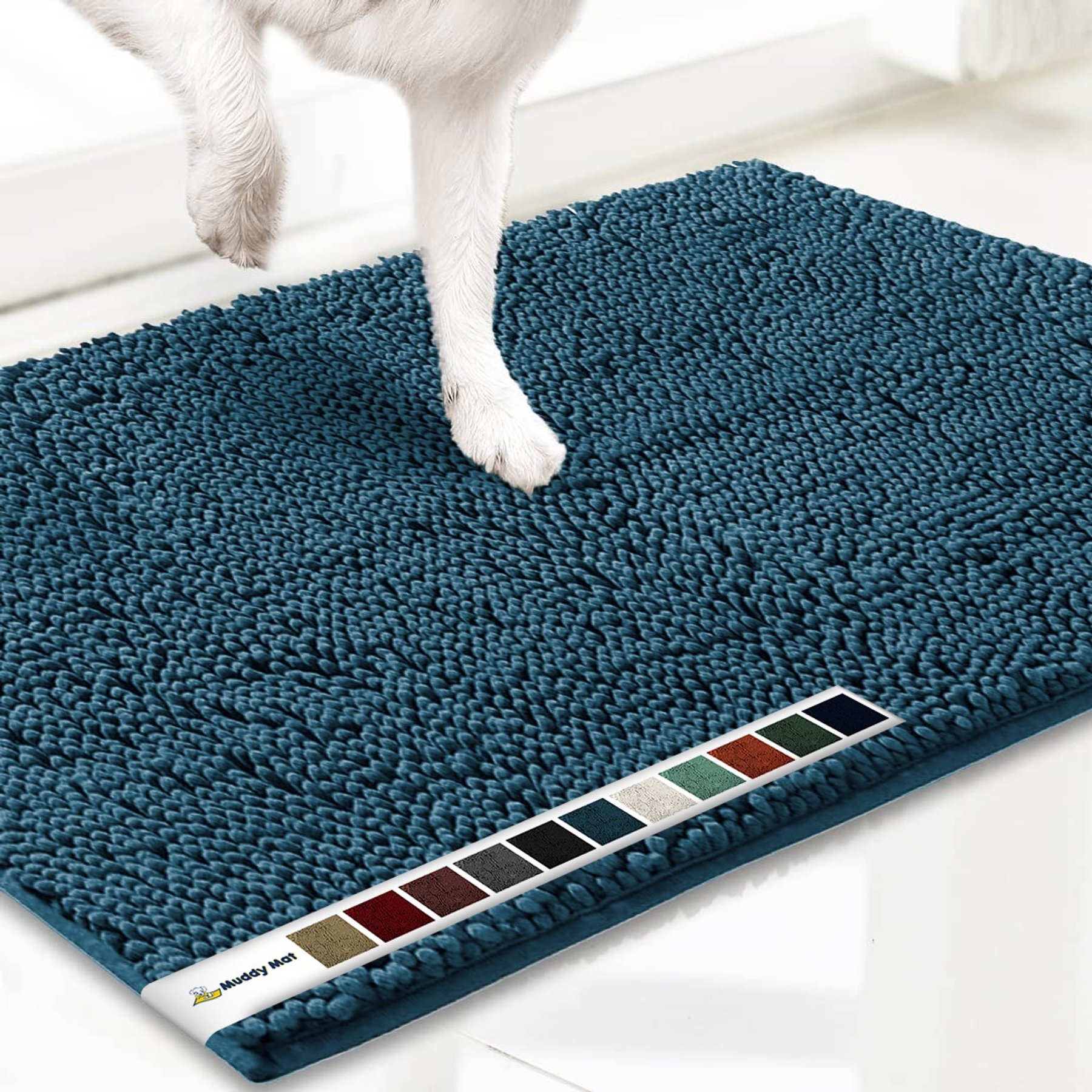 Muddy Mat Highly Absorbent Chenille Dog Door Mat Atlantic Blue, 24 x 96-in