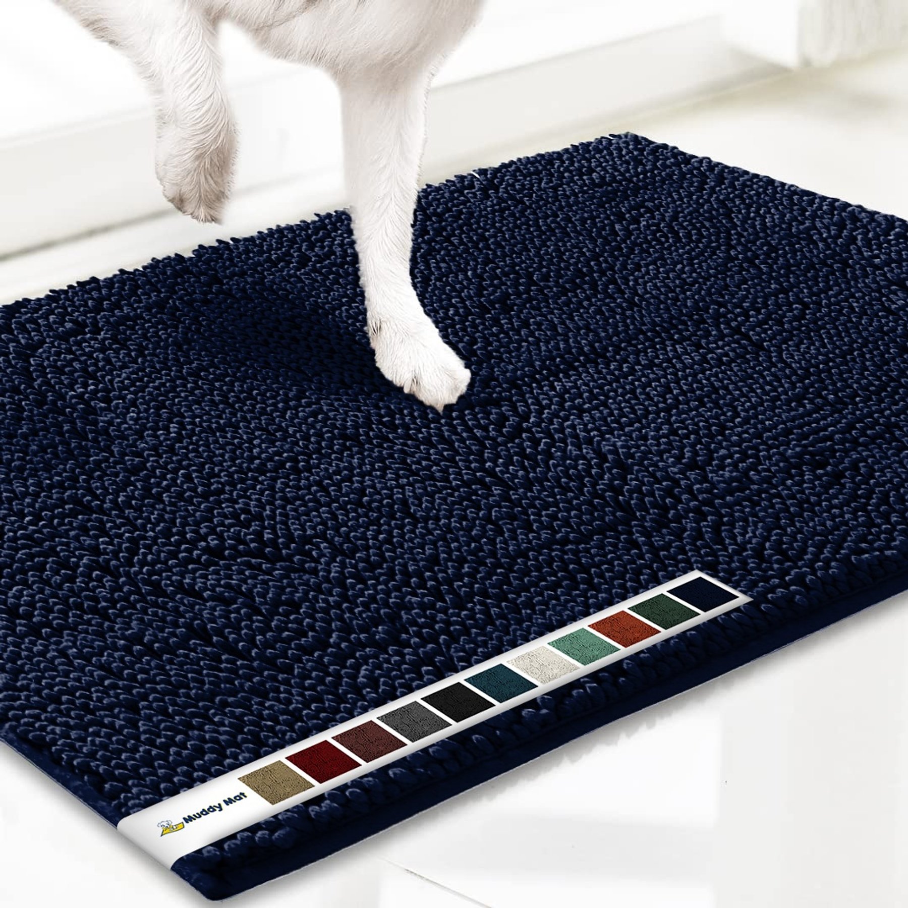 Muddy Mat Highly Absorbent Chenille Dog Door Mat Navy Blue, 24 x 120-in