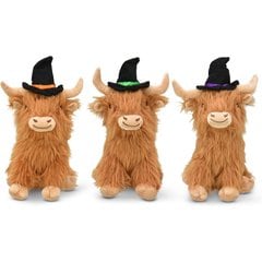 Multipet Highland Shaggy Cow with Witch Hat Squeaky Plush Dog Toy, Brown, 8-in