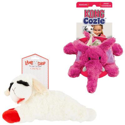 Show full view: Multipet Lamb Chop Squeaky Plush + KONG Cozie Elmer the Elephant Dog Toy slide 1 of 10