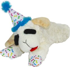 Multipet Lambchop Birthday Hat Squeaky Plush Dog Toy, Blue, 7.5-in