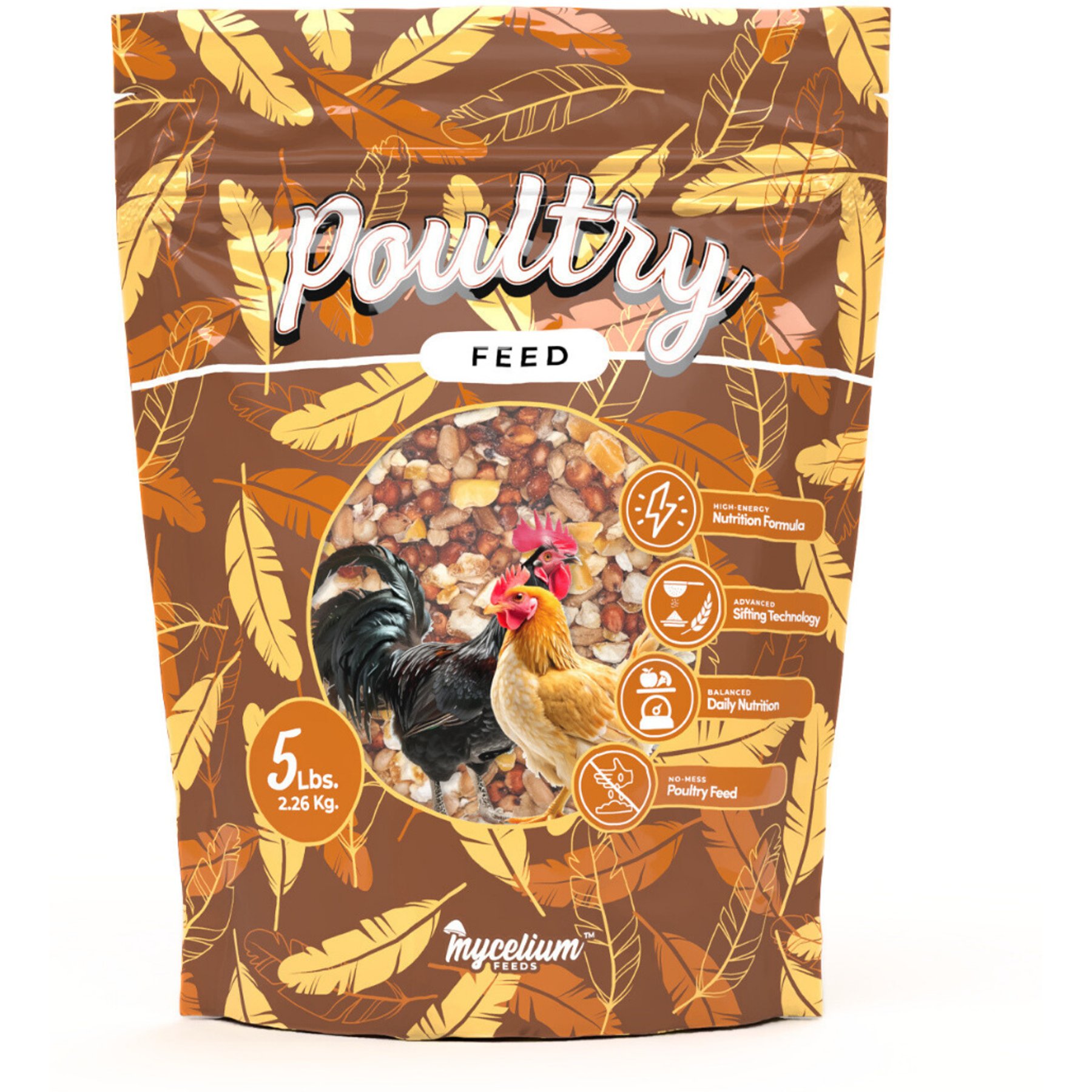 Mycelium Feeds Poultry 3-Grain Scratch High Protein Cracked Corn, Wheat & Milo Chicken Bird Food, 5-lb bag