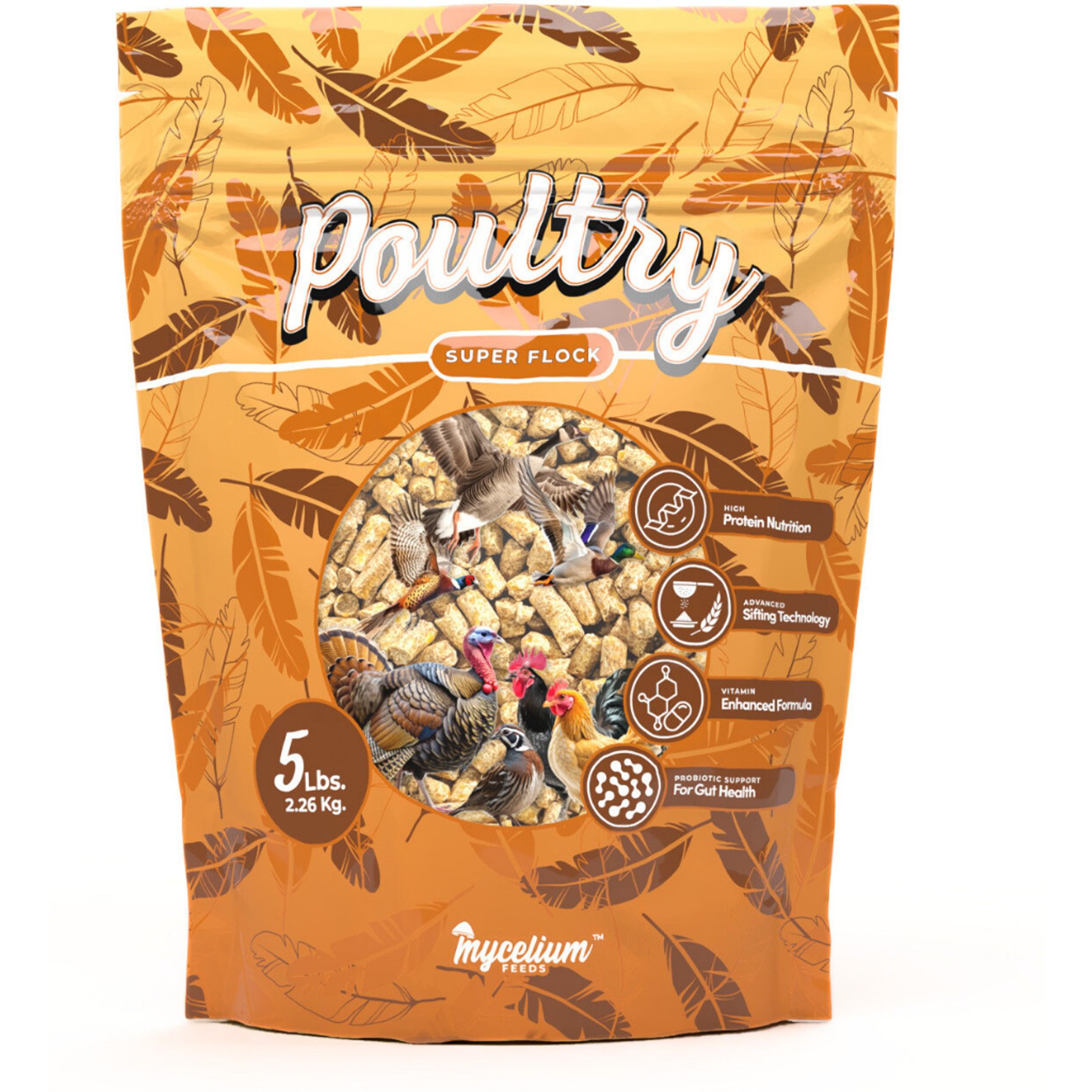 Mycelium Feeds Poultry Super Flock High-Protein with Probiotics & Vitamins Cracked-Corn Chicken Bird Food, 5-lb bag